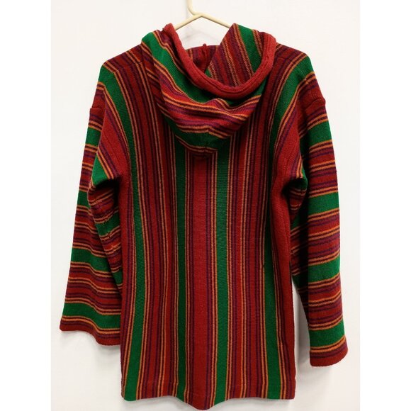 Vintage 90s Sweater Jacket Womens Large Green Red Striped Hooded BOHO Hippie - Picture 9 of 11
